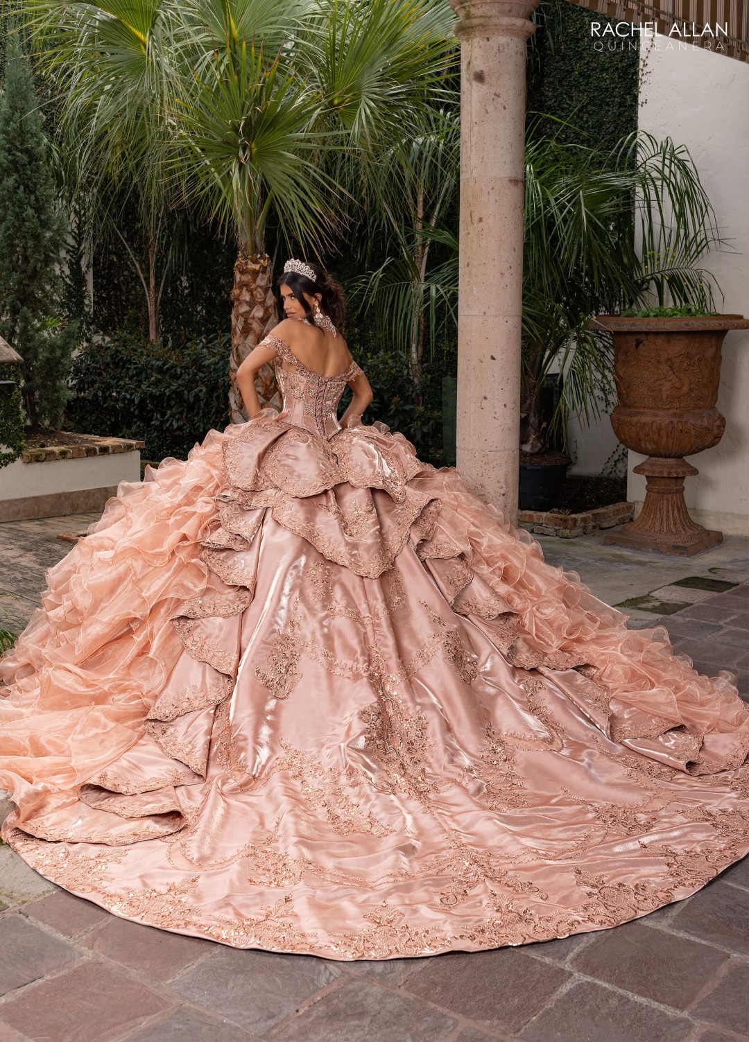 Pink quinceañera gown with butterfly embellishments and glitter tulle ballgown silhouette